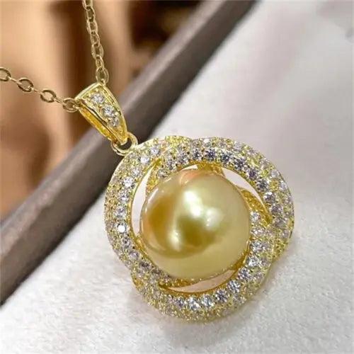 Natural South Sea Golden Stud Pearl Pendant Necklace 925s