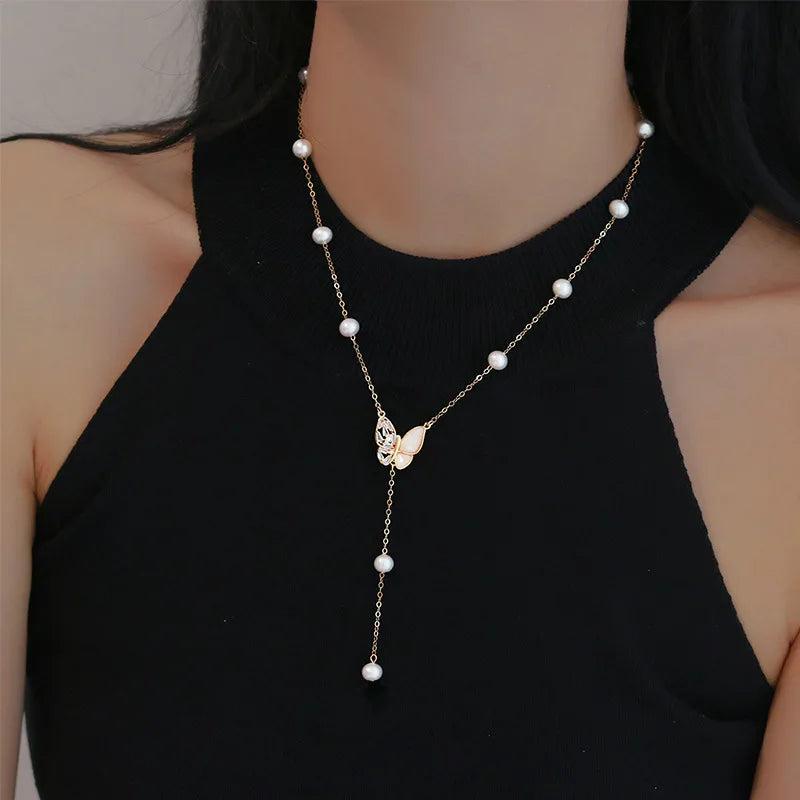 HECAN Pearl Starry Butterfly Pendant Sweater Necklace