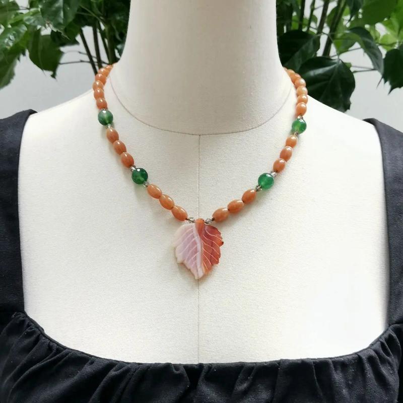 Real Stone Aventurine Agate Leaf Pendant Orange Green Necklace Women Jewelry