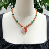 Real Stone Aventurine Agate Leaf Pendant Orange Green Necklace Women Jewelry