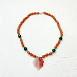 Real Stone Aventurine Agate Leaf Pendant Orange Green Necklace Women Jewelry