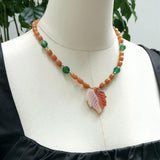 Real Stone Aventurine Agate Leaf Pendant Orange Green Necklace Women Jewelry