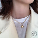 Real 925 Sterling Silver Pearl Heart Necklace Choker