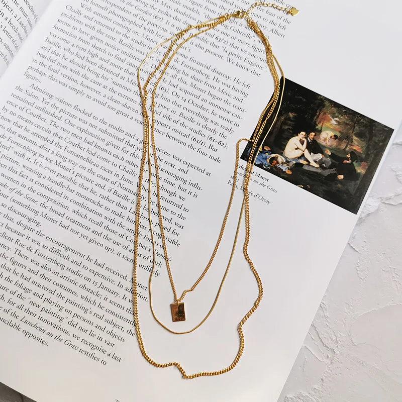925 Silver Bohemian Square Pendant Multi-layer Necklace Women Holiday Jewelry