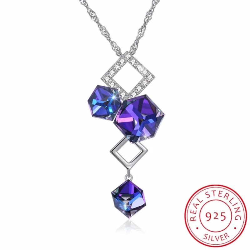 Lekani Crystals Purple Square Pendant Necklace 925 Silver Chain
