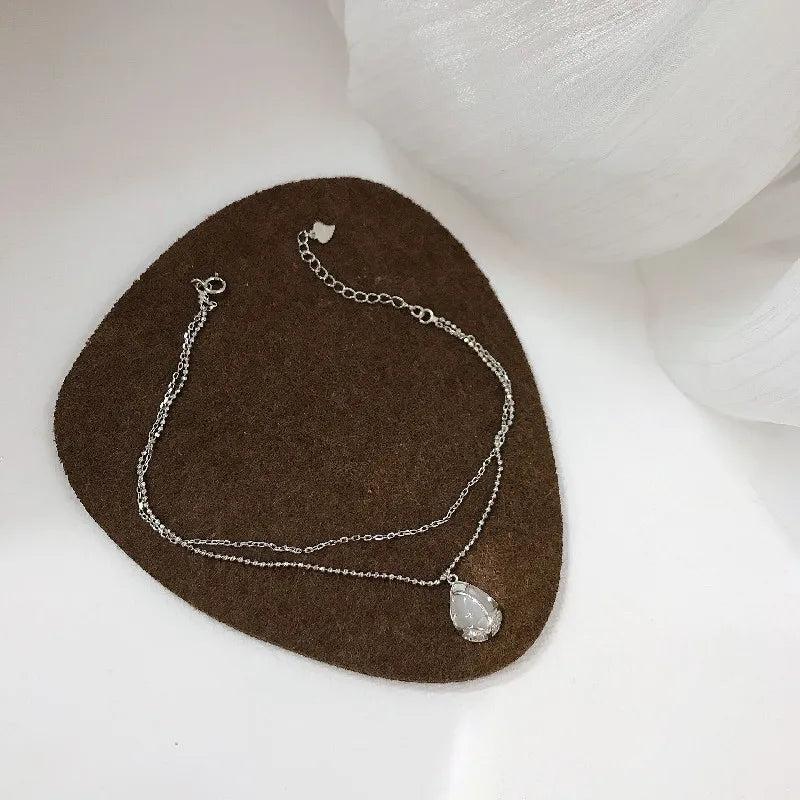 S925 Sterling Silver Double Layer Bead Anklet Tulip Opal Necklace