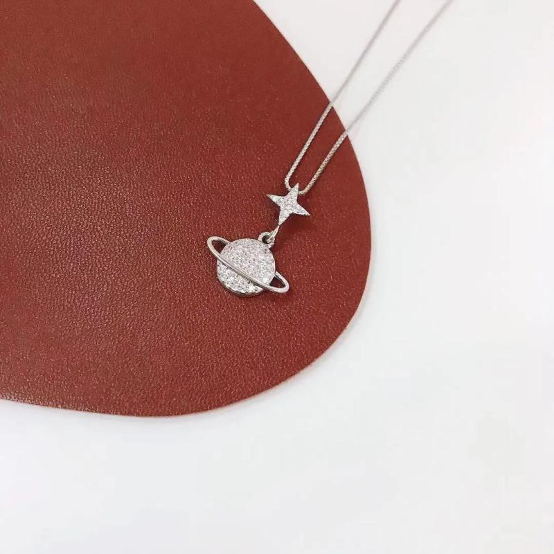 Stunning Silver Zircon Star Necklace with Diamond Planet