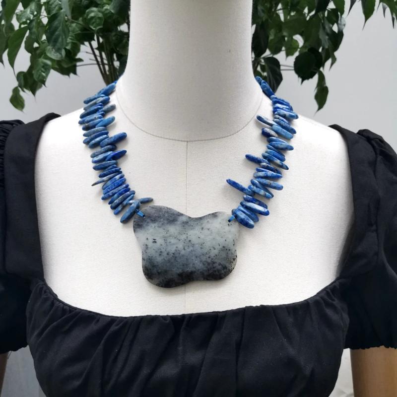 Stone Gray Choker Necklace Lapis Pendant Women Jewelry Gift
