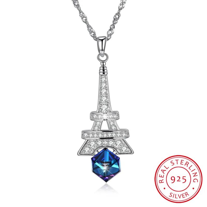 Crystal Tower Pendant Necklace S925 Silver Chain Jewelry