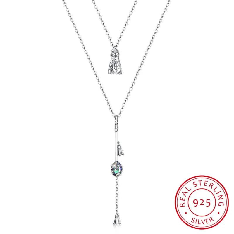 925 Silver Long Pendant Necklace Double Chains with Colorful Beads Crystals