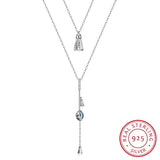 925 Silver Long Pendant Necklace Double Chains with Colorful Beads Crystals