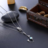 925 Silver Long Pendant Necklace Double Chains with Colorful Beads Crystals