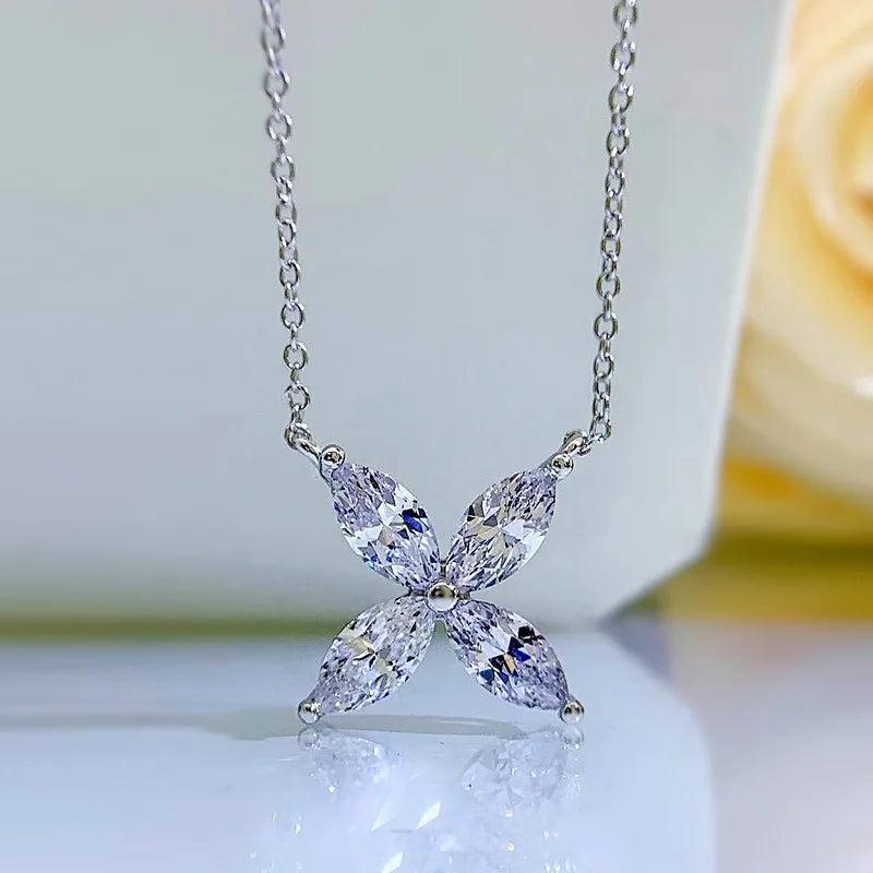925 Silver Butterfly Pendant Necklace with Diamond Marquise Cut Jewelry