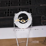 S925 Silver Chinese Style Bird Branch Necklace Hollow Round Pendant