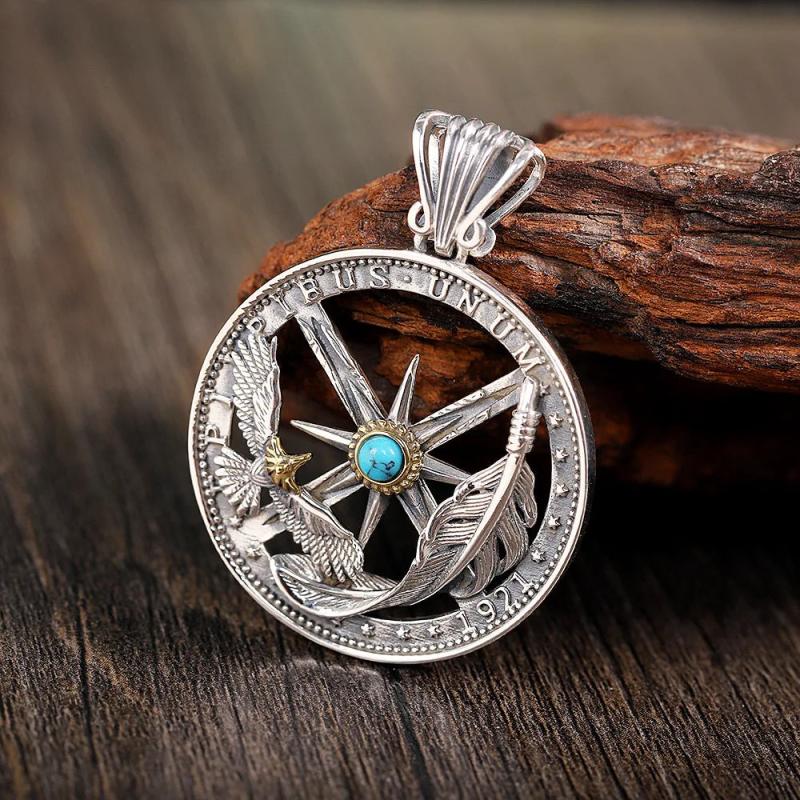 S925 Silver Vintage Hand-Carved Feather Pendant for Men