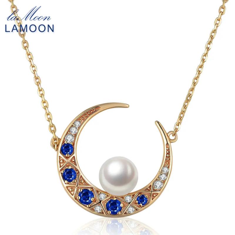Moon Pendant Necklace Natural Freshwater Pearl 925 Silver Chain Fine Jewelry