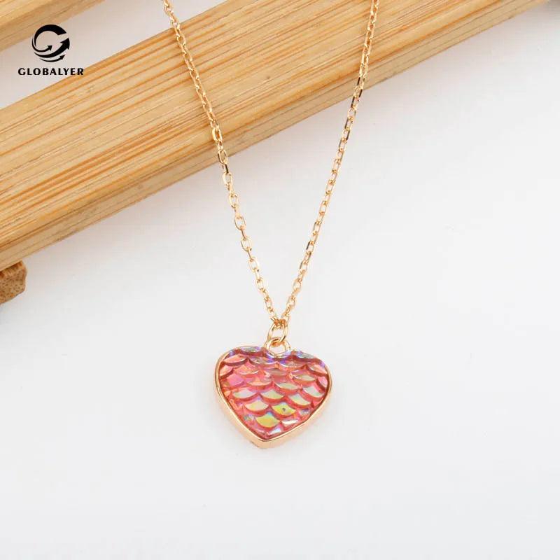 Pink Mermaid Fish Scale Heart Necklace S925 Sterling Silver Clavicle Chain