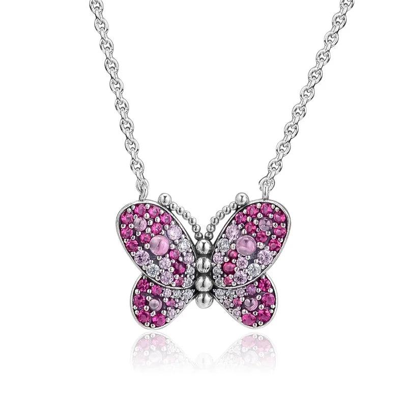 Pink Crystal Butterfly Pendant Necklace 925 Sterling Silver Chain Spring Jewelry