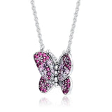 Pink Crystal Butterfly Pendant Necklace 925 Sterling Silver Chain Spring Jewelry