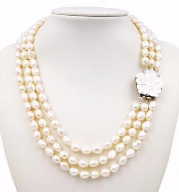 Baroque Pearl 3 Rows 8-9mm Necklace Shell Flower Clasp