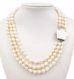 Baroque Pearl 3 Rows 8-9mm Necklace Shell Flower Clasp