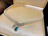 925 Silver Akoya Pearl Necklace Green Zircon Pendant Jewelry