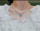 925 Silver Akoya Pearl Necklace Green Zircon Pendant Jewelry