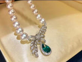 925 Silver Akoya Pearl Necklace Green Zircon Pendant Jewelry