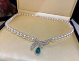 925 Silver Akoya Pearl Necklace Green Zircon Pendant Jewelry