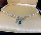 925 Silver Akoya Pearl Necklace Green Zircon Pendant Jewelry