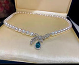 925 Silver Akoya Pearl Necklace Green Zircon Pendant Jewelry