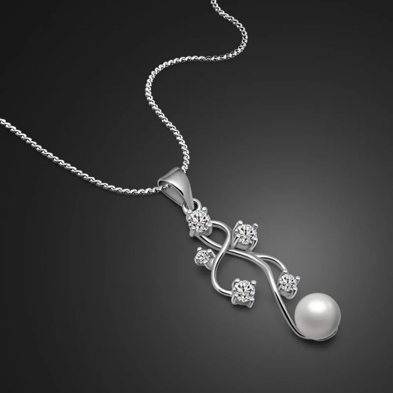 Zircon Pearl Pendant Necklace 925 Silver Flower Choker 18 inch Gift