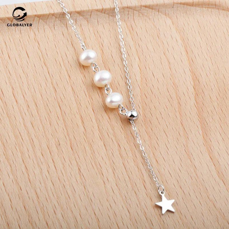 S925 Silver Freshwater Pearl Star Necklace Adjustable Clavicle Chain