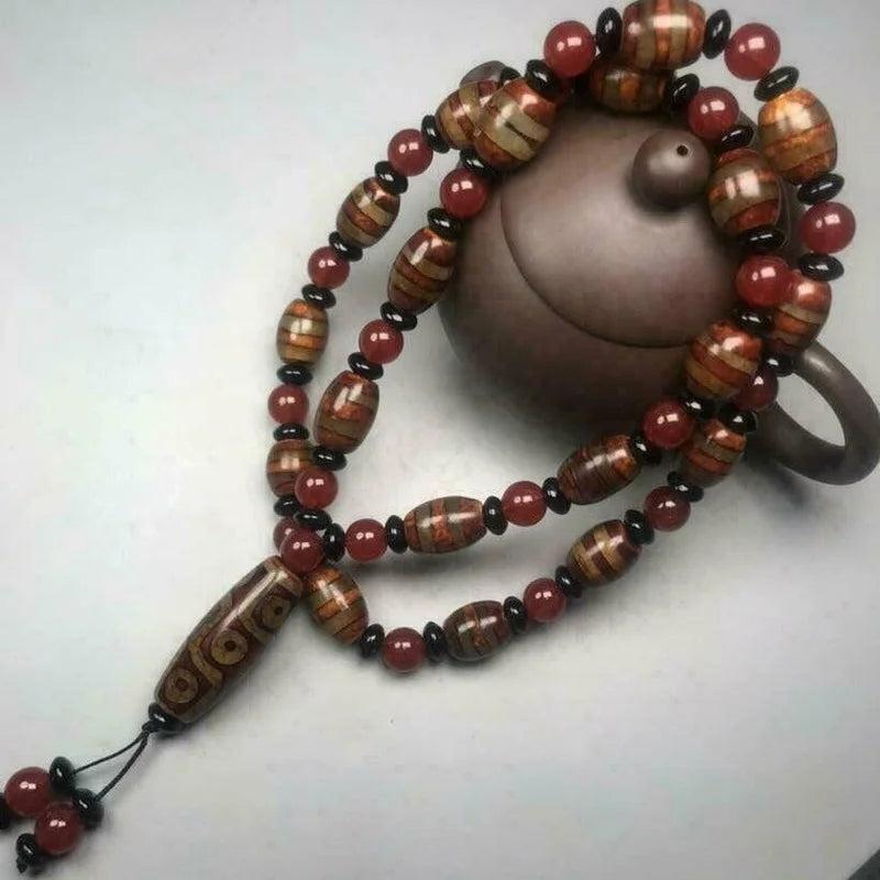 Tibetan Agate Double Line 9 Eyes Dzi Bead Pendant Necklace