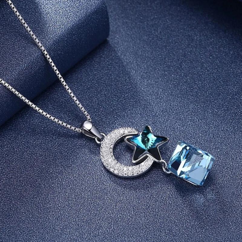 Moon & Star Pendant Necklace 925 Sterling Silver - Crystal Long Chain for Women