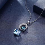 Moon & Star Pendant Necklace 925 Sterling Silver - Crystal Long Chain for Women