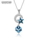 Moon & Star Pendant Necklace 925 Sterling Silver - Crystal Long Chain for Women