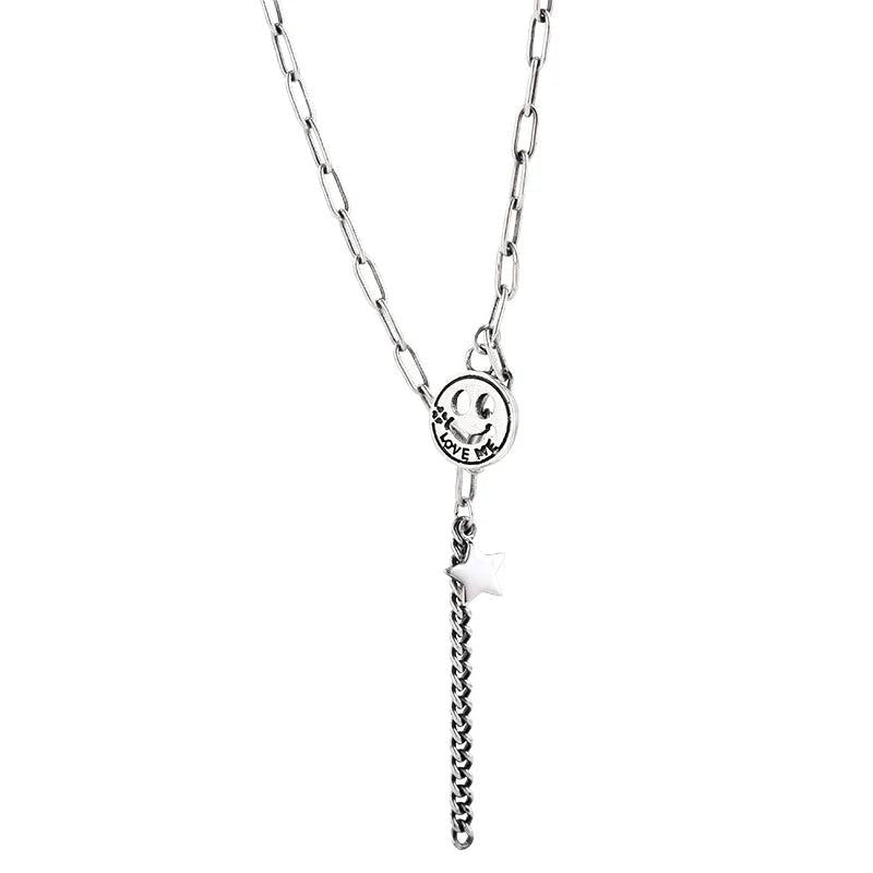 S925 Sterling Silver Retro Smile Star Necklace Female Statement Gothic Chain