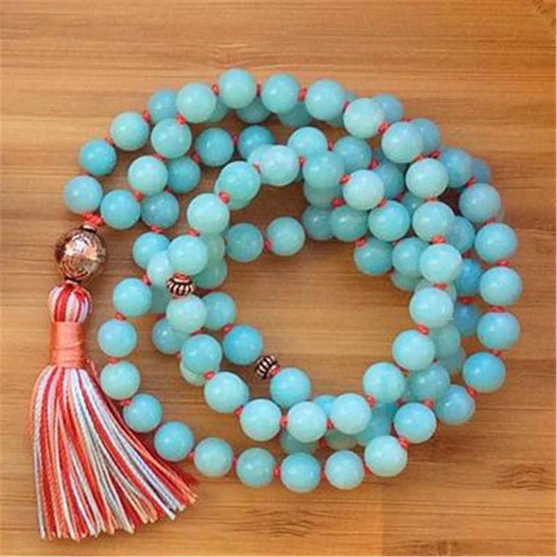 Natural Aquamarine 108 Beads Tassel Necklace Lucky Meditation Chakra