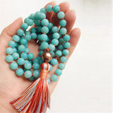 Natural Aquamarine 108 Beads Tassel Necklace Lucky Meditation Chakra