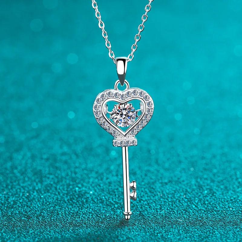 Moissanite Heart Key Pendant Necklace 0.5ct D VVS1 Sterling Silver