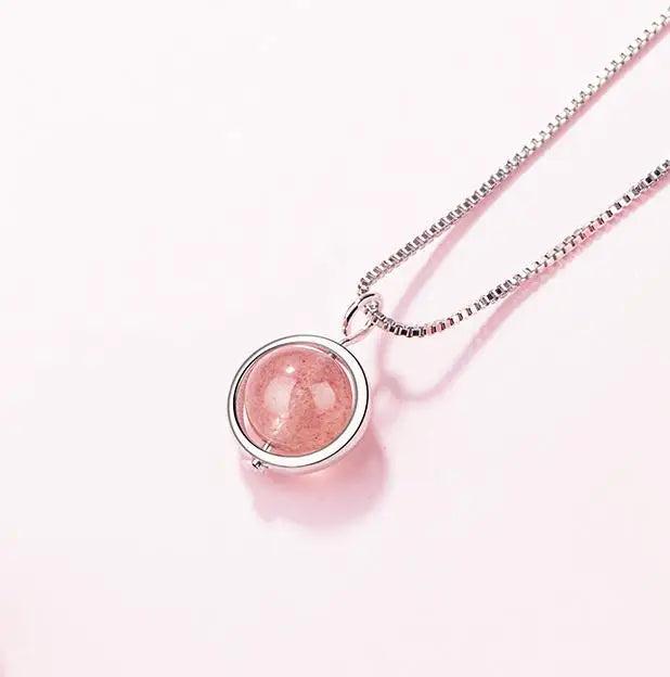 925 Silver Round Strawberry Crystal Lady Pendant Necklace