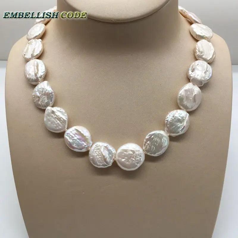 Baroque Pearl Choker Necklace Flat Round Coin Shape Natural Freshwater Pearls