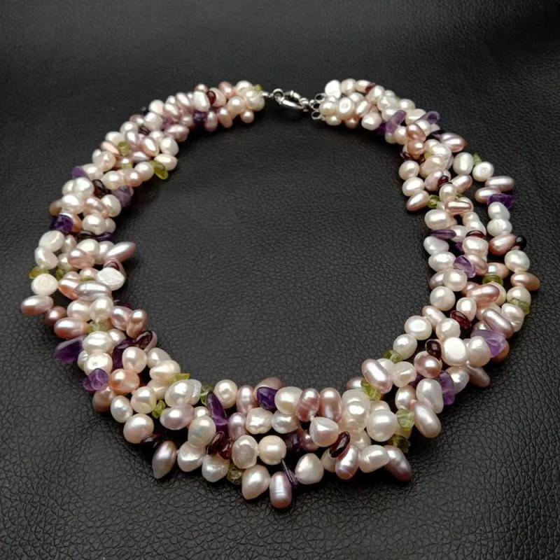 YYGEM 4 Strands 19'' Pearl Prehnite Amethyst Garnet Necklace