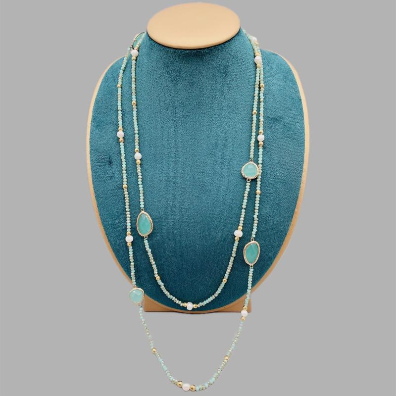 Faceted Aqua Quartz Long Necklace With Pearls and Crystals