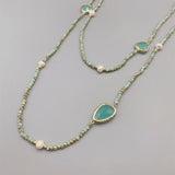 Faceted Aqua Quartz Long Necklace With Pearls and Crystals