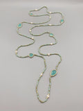 Faceted Aqua Quartz Long Necklace With Pearls and Crystals
