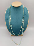 Faceted Aqua Quartz Long Necklace With Pearls and Crystals
