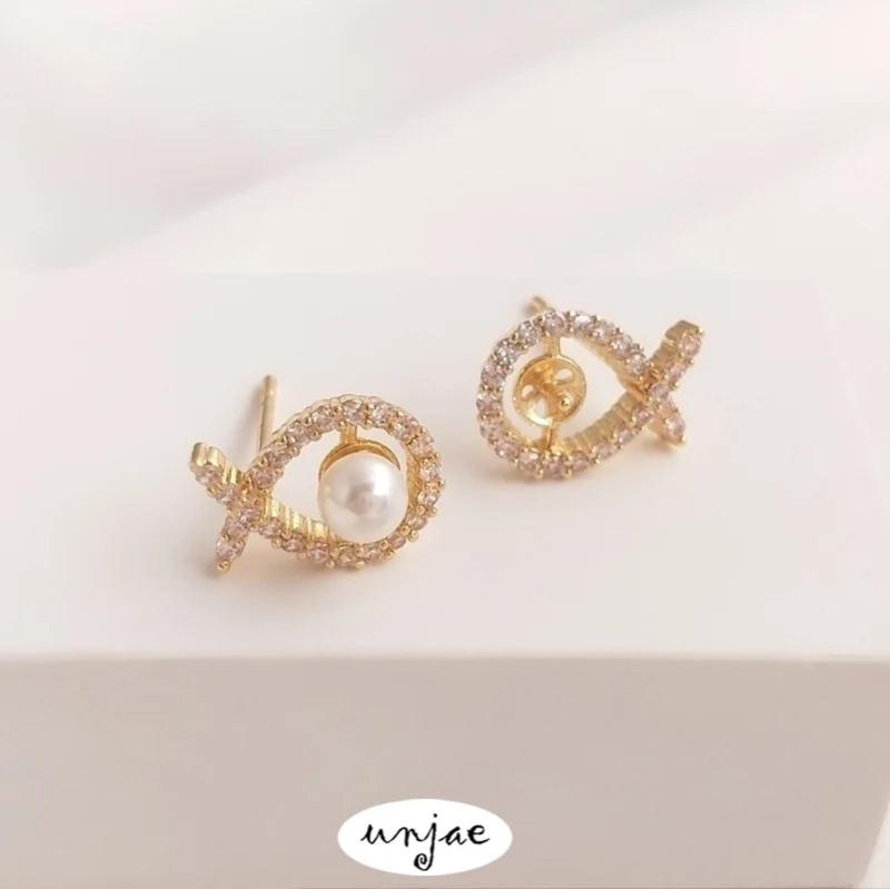 14K Gold-Coated Zirconium Fish-Shaped Earrings with 925 Silver Needle