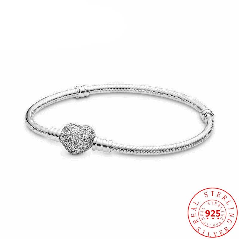 925 Silver Pav? Heart Link Snake Bone Chain Bracelet